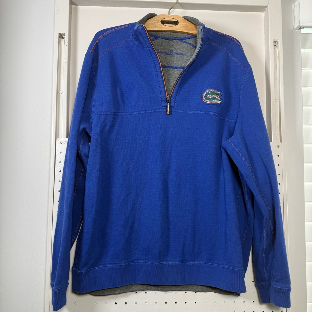 Tommy Bahama Sweater Men's‎ Large Blue Gray Reversible 1/4 Zip UF Florida Gators